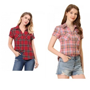 Allegra K Women's Classic Short Sleeve Button Down Plaid Shirt 2 Pcs - 1 of 4