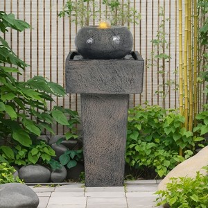 Okak 25.59IN Minimalist Concrete Column Water Fountain, Sturdy Outdoor Fountain, Freestanding Fountain for Patio, Garden, Porch, Gray - 1 of 4