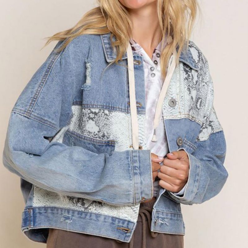 Womens Button Down Distressed Leopard Denim Jean Jacket Washed Long Sleeve Ripped Oversized Jean Coat