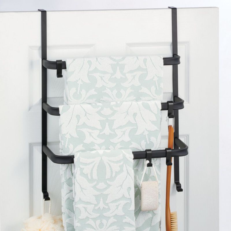mDesign Metal Over Shower Door Towel Rack Holder for Bathroom, 3 Hooks, 2 of 8