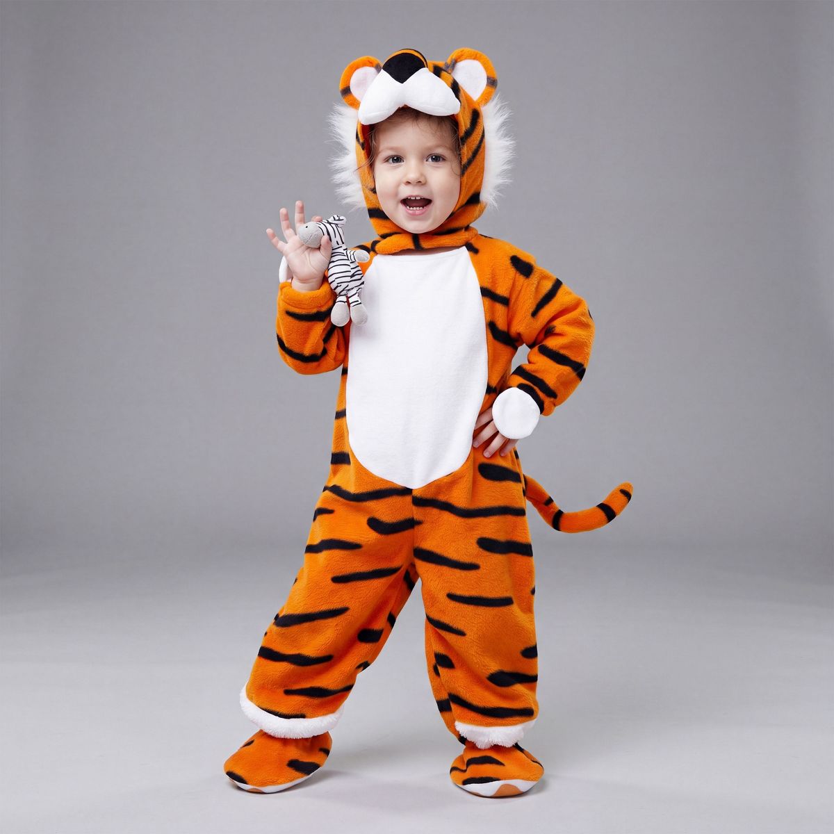 Joyfy Baby Halloween Costume Tiger Jumpsuit with Tail, Toddler One Piece Animal Suit with Hat for Halloween Dress Up Party