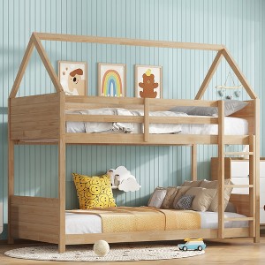TIRAMISUBEST Twin Over Twin House Floor Bunk Bed with Headboards, Footboards and Guardrails, Ladder, Rubber Wood Bunk Bedframe with Safety Guardrails - 1 of 4