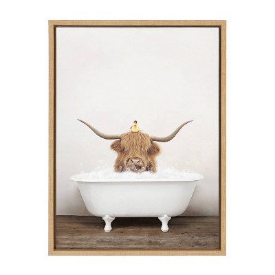 Highland Cow and Duckling in Bath Canvas Art with Natural Frame
