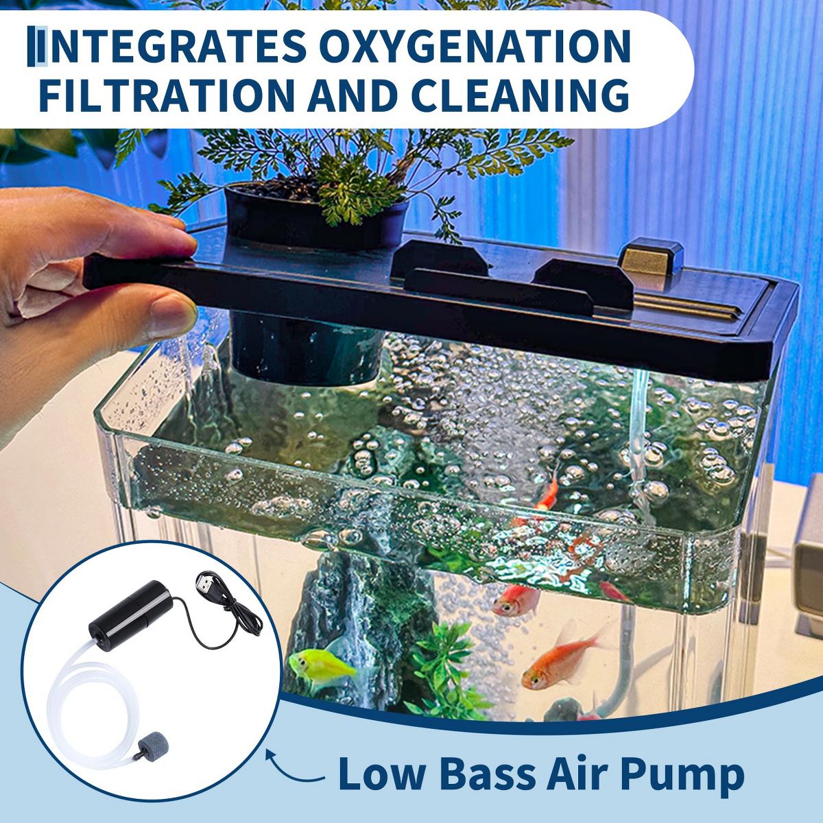 2.5 Gallon Small Fish Tank Kit, Betta Fish Tank with LED Light, Air Pump, Lid, Hydroponic Cup, 7 Pcs Plastic Fish Tank Starter Kits for Beta Fish, Go - thumbnail 7