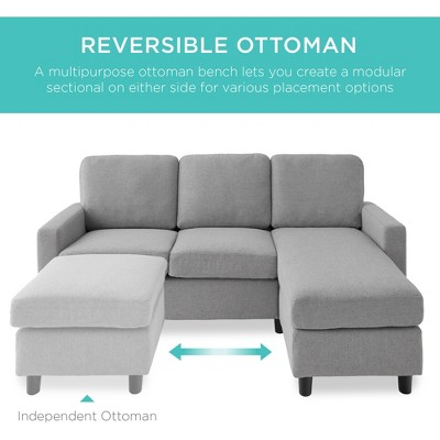 Light Gray Linen Sectional Sofa with Reversible Ottoman