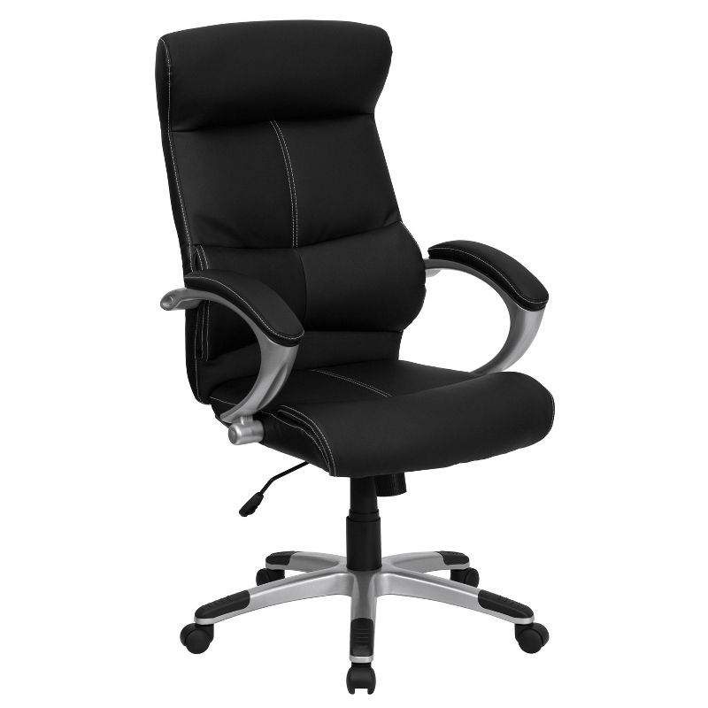 Flash Furniture Karen High Back Black LeatherSoft Executive Swivel Office Chair with Curved Headrest and White Line Stitching, 1 of 8