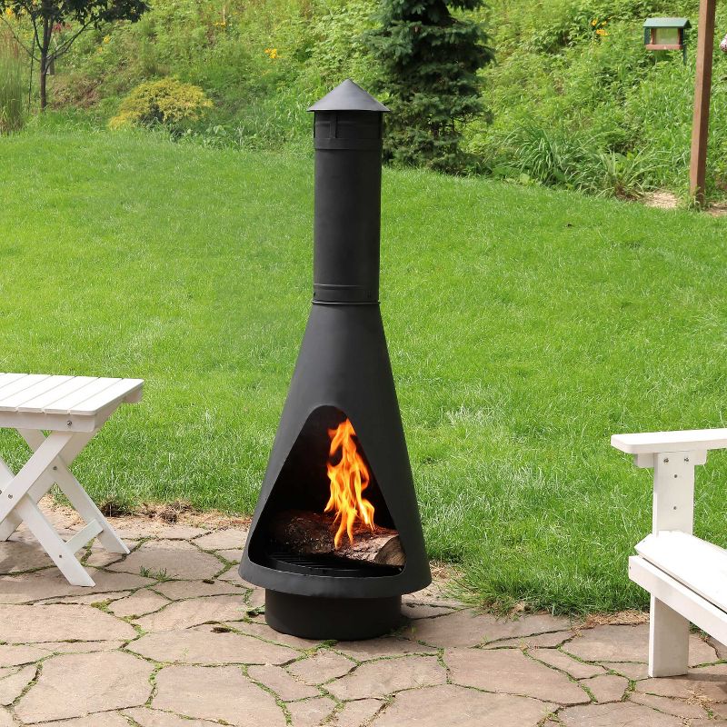 Sunnydaze Outdoor Backyard Patio Steel Wood-Burning Fire Pit Chiminea with Rain Cap, Wood Grate, and Fire Poker - 56" - Black, 3 of 11