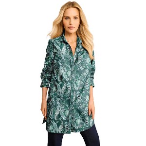 Roaman's Plus Size Kate Long Sleeve Tunic Easy Cotton-Blend Button-Front Shirt - 1 of 4