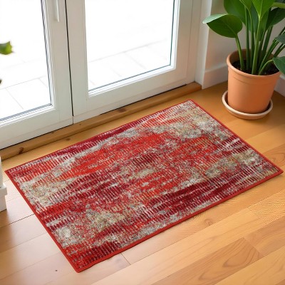 Modern Abstract Red and Beige Synthetic Non-Slip Area Rug, 2'x3'