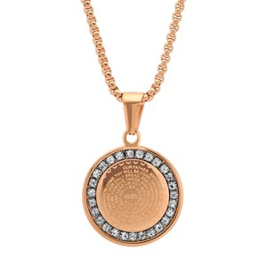 Steeltime Ladies stainless steel Our Father prayer round pendant with simulated diamonds. Color Options: Silver, Rose Gold - 1 of 4