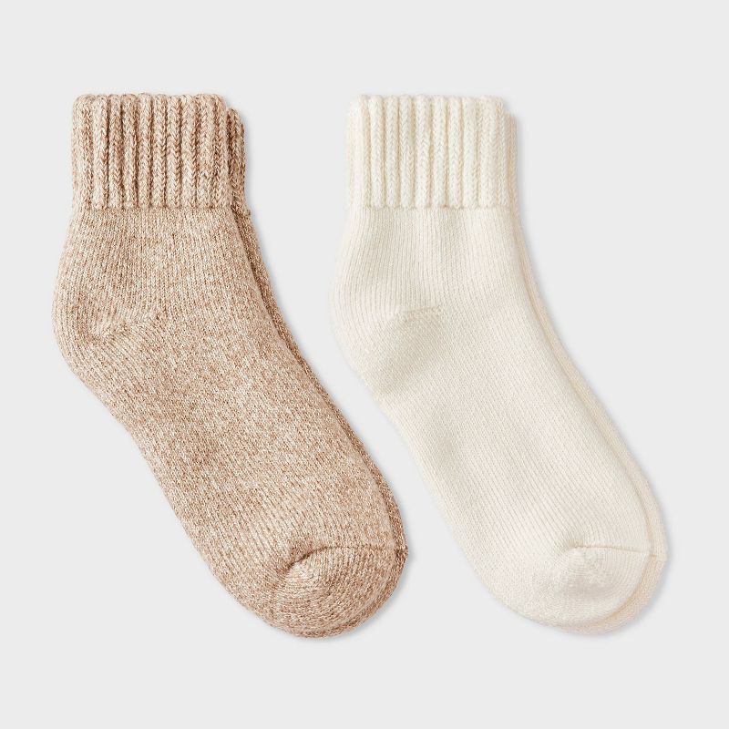 Women's Full Terry with Chunky Ribbed Cuff Cloud Soft Lounge 2pk Ankle Socks - Auden™ Ivory/Beige Heather 4-10