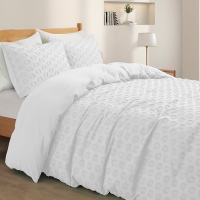 Peace Nest Tufted Clipped Jacquard Geometric Duvet Cover & Pillowcase Set, Circle White, Full/Queen, 90"x90"