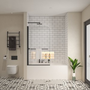 NicBex Shower Door 58" H Frameless Pivoting Tub Shower Doors with 1/4" (6mm) Tempered Glass Door Panel and Towel Bar, Matte Black - 1 of 4