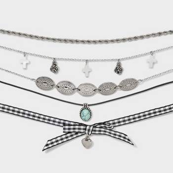 Western Bow and Semi-Precious Turquoise Matrix Charm Choker Necklace Set 5pc - Wild Fable™ Silver