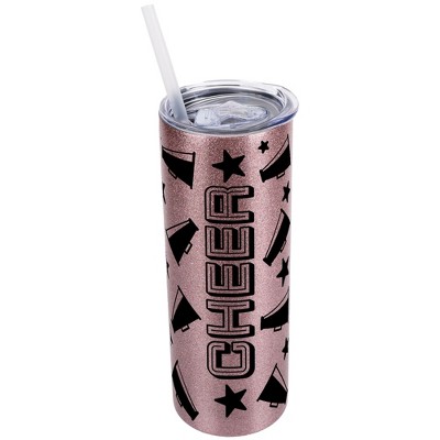 Elanze Designs Bubblegum Pink 20 Ounce Double Wall Stainless Steel Glitter Travel Tumbler With Sliding Lid And Straw, Cheer