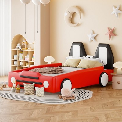 NicBex Twin Car-Shaped Platform Bed Frame with Wheels,Platform Bed with Headboard,Solid Wood Slats Support,No Box Spring Needed,Easy Assembly