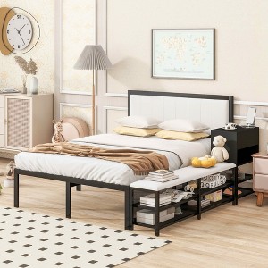 MAYEERTY Full Size Metal Platform Bed, Two-Tier Storage Shelves Wooden Cabinet, Bedroom, Black - 1 of 4
