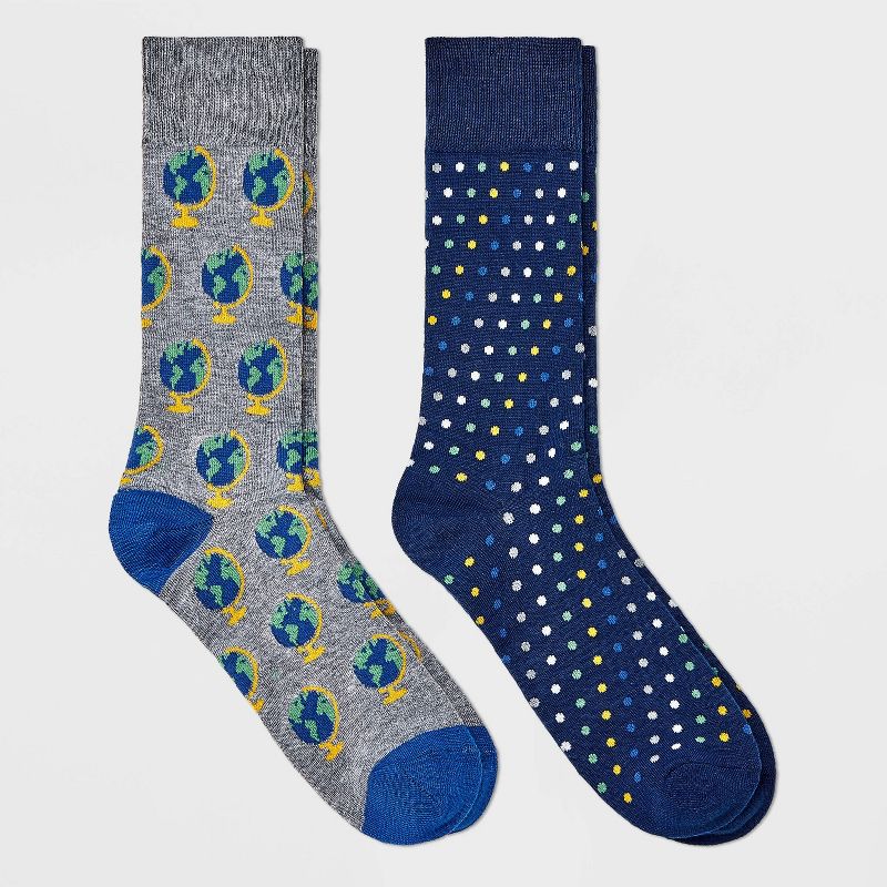 Men&#39;s Globe Print Novelty Crew Socks 2pk - Goodfellow &#38; Co&#8482; Charcoal Gray/Blue 7-12, 1 of 5