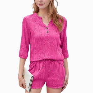 Anna-Kaci Lounge Women's Textured 3/4 Sleeve V-Neck Button Top and Drawstring Shorts Two-Piece Lounge Set - 1 of 4