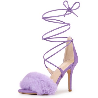 Allegra K Women's Faux Fur Stiletto Heel Lace Up Heels Sandals