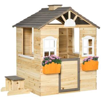 Outsunny Wooden Playhouse for Kids, Adventures Cottage, with Working Door, Windows, Bench, Service Station, Flowers Pot Holder, for 3-7 Years Old
