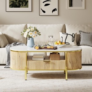 48 Inch Oval Coffee Table with Storage, Modern Luxury Coffee Table with Drawer and Faux Marble Top - 1 of 4