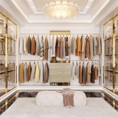 Aheaplus 76.5"-118" W Closet System with 4 Hanging Rods and 3 Drawers