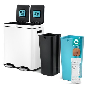 Home Zone Living 16 Gallon Stainless Steel Kitchen Trash and Recycling Can with CleanAura Odor Control and Soft Close Lids, White - 1 of 4