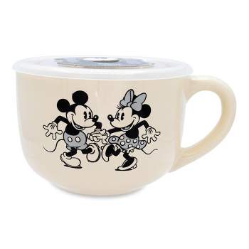 Silver Buffalo Disney Vintage Mickey and Minnie Mouse Ceramic Soup Mug With Lid | 24 Ounces
