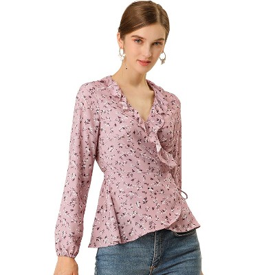 Allegra K Women S Floral Print V Neck Tie Waist Ruffle Neck Chiffon Wrap Shirt Pink Medium Target