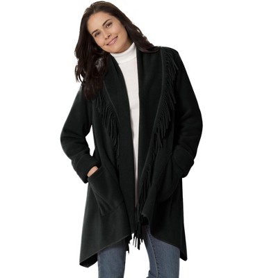 Woman Within Women's Plus Size Fringed Shawl Collar Fleece Jacket