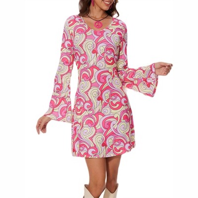 60s 70s Outfits for Women Flared Long Sleeve Printed Dress with Headband Earrings Necklace Sunglasses