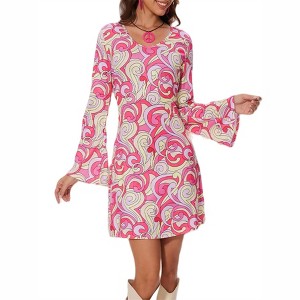 60s 70s Outfits for Women Flared Long Sleeve Printed Dress with Headband Earrings Necklace Sunglasses - 1 of 4