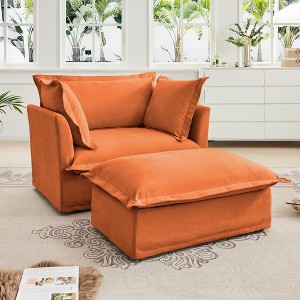 Set of 2 Chenille Armchairs with Ottomans and Slipcovered Deep Seat Chairs, Removable Covers with Large Pillows, 300lb Capacity - 1 of 4