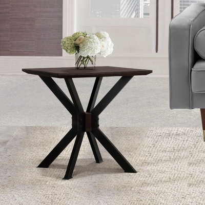 Acacia Wood and Black Metal Square End Table
