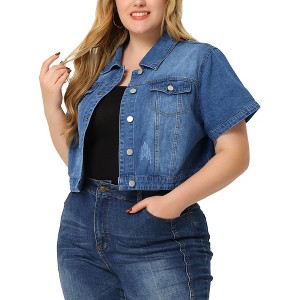 Agnes Orinda Women's Plus Size Short Sleeve Button-Down Cropped Denim Jean Jackets - 1 of 4