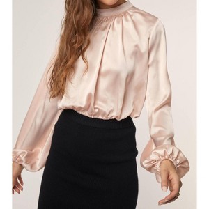 Women's Satin Mock Neck Long Sleeve Top - Hers & Mine - 1 of 3