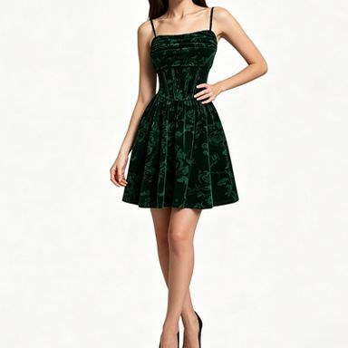 Women Floral Embossed Velvet Mini Dress, Spaghetti Strap Corset Waist Flared Skirt Short Formal Gown for Holiday Party Occasions Dark green L : Target