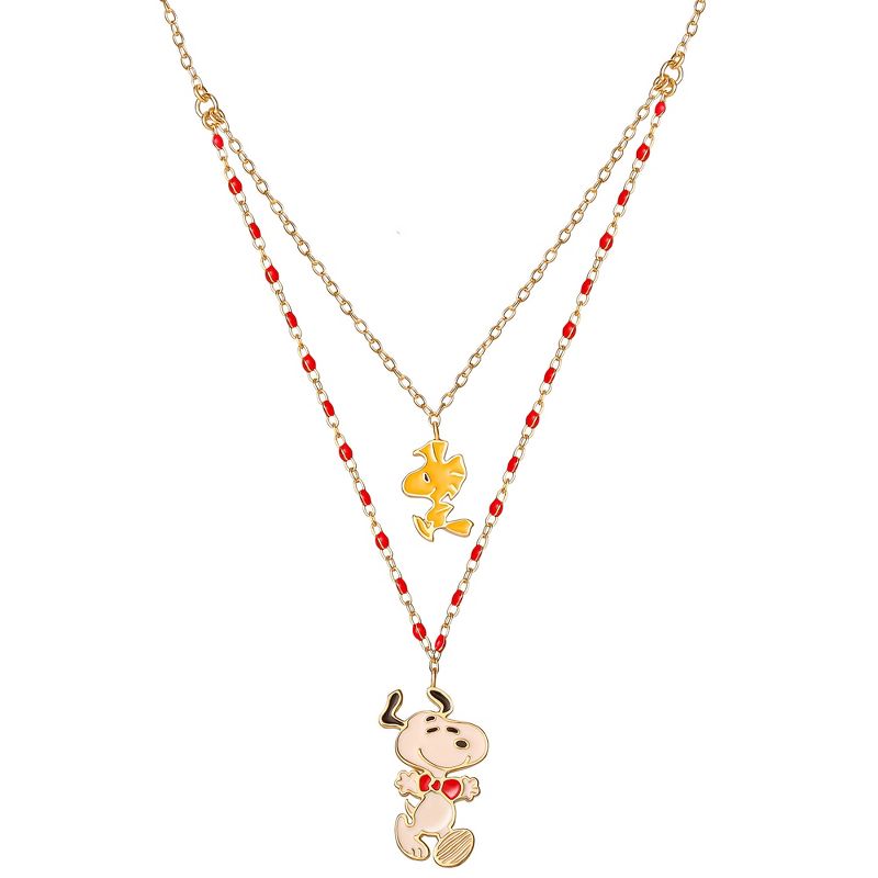 Peanuts Womens Woodstock and Snoopy Gold-Plated Sterling Silver Layered Charm Necklace, 1 of 7