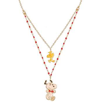 Peanuts Womens Woodstock and Snoopy Gold-Plated Sterling Silver Layered Charm Necklace