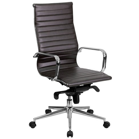 High Back Ribbed Leather Office Chair With Knee Tilt Control And