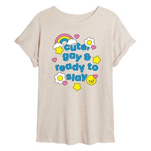 Women's - Instant Message - Cute Gay Ready Slay Oversized Graphic T-Shirt - 1 of 4