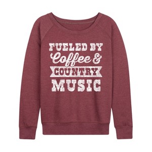 Women's - Instant Message - Fueled by Coffee and Country Music Lightweight French Terry Wide Neck Long Sleeve Graphic Shirt - 1 of 4