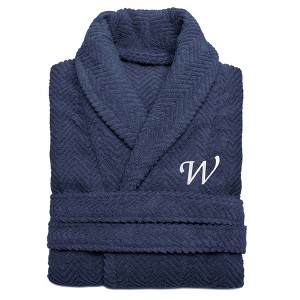Linum Home Textiles 100% Turkish Cotton Unisex Personalized Herringbone Midnight Blue Bathrobe in White Chancery Font - 1 of 2