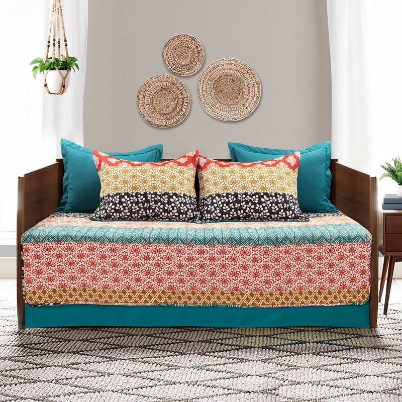 Twin Bohemian Stripe Quilted Cotton Daybed Cover Set Turquoise/Orange - Lush D&#233;cor, 1 of 8