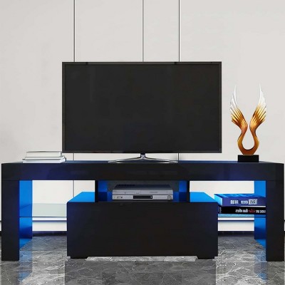 Syemin TV Stands and Consoles Sleek 55 Inch TV Stand Flip Door Glass Shelf Fits Stylish Living Rooms merges Function Fashion, Black, 55.7"*16.54"*5.3"