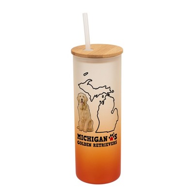 Elanze Designs The Wolverine State Michigan Loves Golden Retrievers Orange and White Ombre Frosted Glass Travel Tumbler with Straw and Wooden Lid, 25