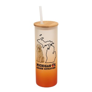 Elanze Designs The Wolverine State Michigan Loves Golden Retrievers Orange and White Ombre Frosted Glass Travel Tumbler with Straw and Wooden Lid, 25 - 1 of 4