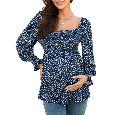 Women's Maternity Tops Square Neck Lantern Sleeve Smocked Babydoll Blouses