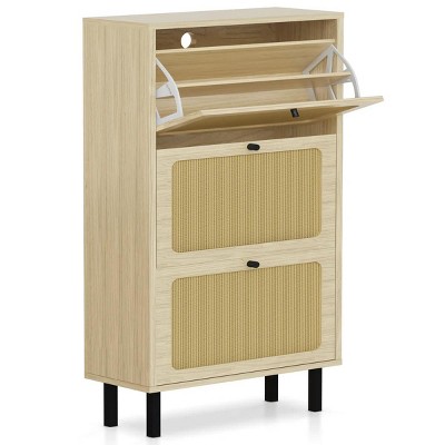 Hooseng Boho Style 3 Rattan Drawers Shoe Storage Cabinet With MDF Frame And Metal Legs, Freestanding Shoe Storage Unit Organizer With Adjustable Panel